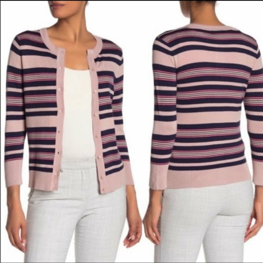 Halogen Small Stripe Cardigan Sweater Lightweight Pink Dusty Rose Button Front